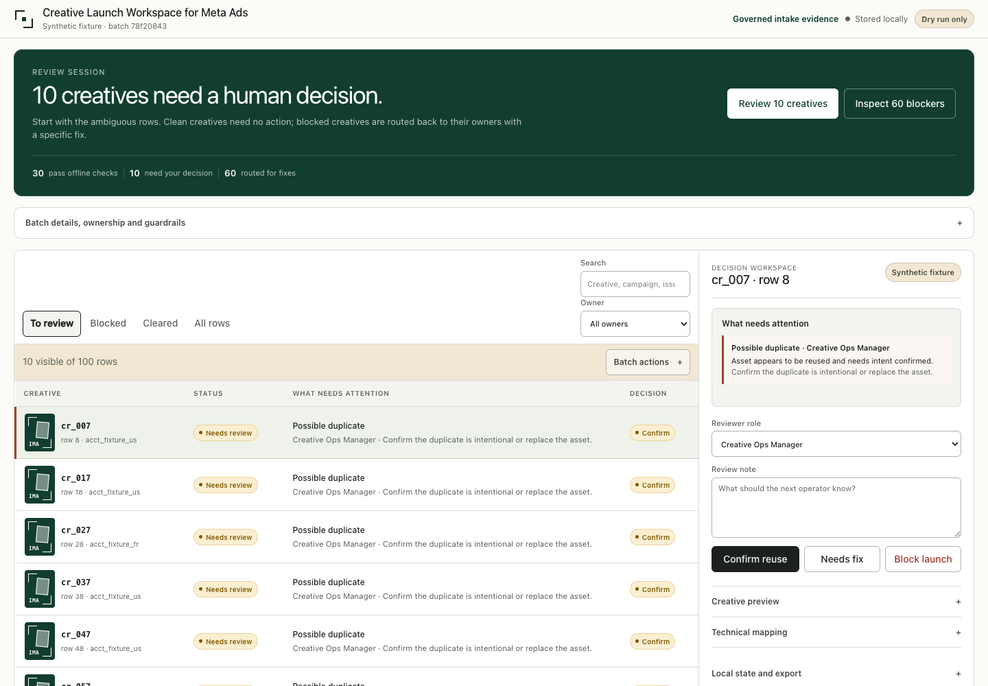 Interactive creative review queue with a selected decision panel